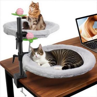Imagem de Cama de mesa dupla para gatos, rotação de 360° e suporte de mesa ajustável com pele sintética macia e acessórios de malha respirável, poleiro ergonômico para gatos para trabalhadores remotos