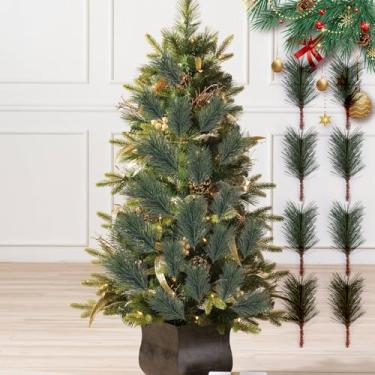 Imagem de 10 peças de agulhas de pinheiro de plantas verdes, agulhas artificiais de pinheiro, galhos, palitos de pinheiros falsos para decorações de guirlanda de Natal (grande, 15 x 7 cm)