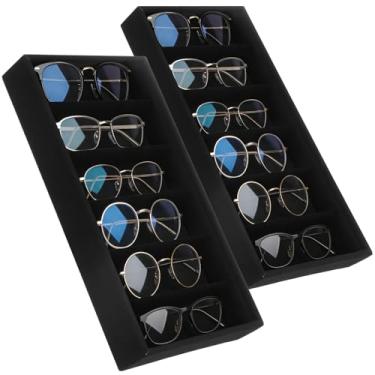 Imagem de 2 peças de caixa organizadora de óculos de sol para mulheres e homens, empilhável, 6 grades, bandeja de exibição de óculos, organizador de joias, suporte de relógio para mesa (preto)