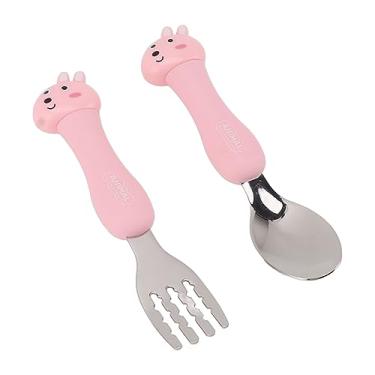 Imagem de Cryfokt Conjunto de Colher Garfo de Desenho Animado para bebê, Talheres de Aço Inoxidável para Crianças, Talheres Ergonômicos para Crianças (Coelho)