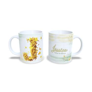 Imagem de Caneca de Cerâmica Personalizada Alice com Design Floral, Branco e Amarelo, 325 ml (j)
