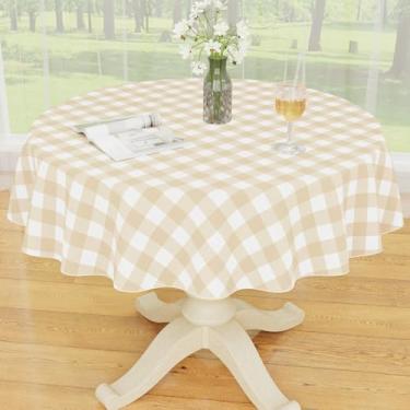 Imagem de Smiry Toalha de mesa redonda de plástico, toalha de mesa de vinil impermeável com forro de flanela, capa de mesa xadrez de búfalo limpa para jantar, interior e exterior (branco e bege, redondo de 152