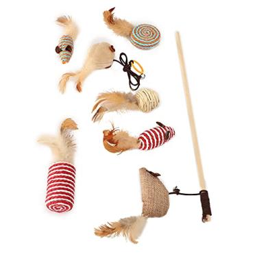 Imagem de Naroote Sortimentos de Brinquedos Interativos de Linho para Gatinhos Haste de Penas para Exercícios e Entretenimento de Gatos, Material Não Tóxico para Brincadeiras Internas e Externas para