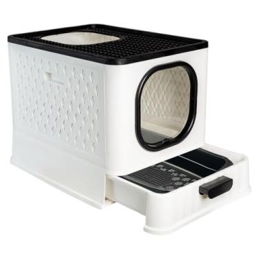 Imagem de Caixa de Areia Fechada para Gatos Luxo com Porta Transparente, Gaveta Removível, Pá e 2 Comedouros – Banheiro Higiênico Anti-Sujeira(SB LUXO + PENEIRA - BRANCO)