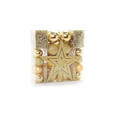 Imagem de Kit Enfeites de Natal com 40 Peças, Bolas Douradas e Vermelhas, Estrela, Cordão de Pérolas, Corações e Pinhas, Polipropileno, 6cm e 4cm