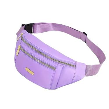 Imagem de Pochete feminina estilo transversal, versátil bolsa de cintura para uso ao ar livre com alça ajustável, bolsa de cinto de nylon multicamadas para corrida, viagens e uso diário, roxa