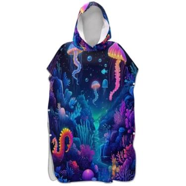 Imagem de Joisal Neon Cartoon Medusa Azul Surf Poncho Trocador Roupão para Adultos Praia Moletom Toalha Floral Plus Size Masculino Poncho com Capuz
