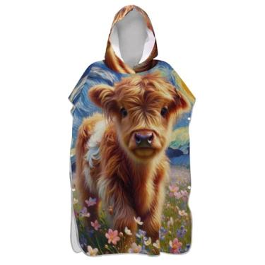 Imagem de TSENQUE Roupão com capuz Highland Cow Starry Night floral para adultos poncho de surfe praia banho com capuz toalhas de viagem unissex adulto poncho com capuz