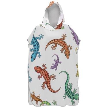 Imagem de Joisal Roupão de mudança de poncho de surfe para toalha de natação com capuz Adul Ponchos femininos de secagem rápida com capuz lagartixas coloridas lagartos brancos