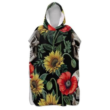 Imagem de Roupão para adultos, poncho de surfe, toalha de banho com capuz, plus size, masculino, poncho com capuz, caveiras engraçadas, flores