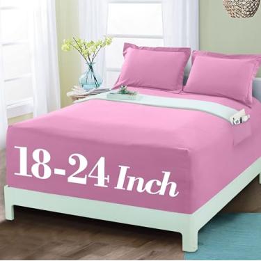 Imagem de Mocassi Lençol com elástico luxuoso 1800 de qualidade premium de hotel – Ultramacio, microfibra resistente a vincos, bolso extra profundo de 45 a 60 cm, lençol com elástico, California King, rosa