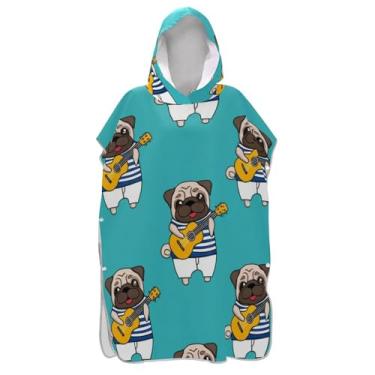 Imagem de Poncho de surfe para adultos trocador de roupa de praia com capuz toalha de banho de secagem rápida Pug tocando guitarra ponchos adultos para mulheres