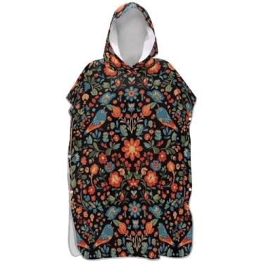 Imagem de Joisal Poncho de surf preto retrô floral para adultos trocador de roupa de praia com capuz toalha de banho vestível ponchos adultos para mulheres