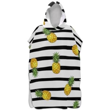 Imagem de Joisal Poncho de surfe trocador roupão adulto praia moletom toalha floral secagem rápida homens mulheres poncho com capuz abacaxi listras branco