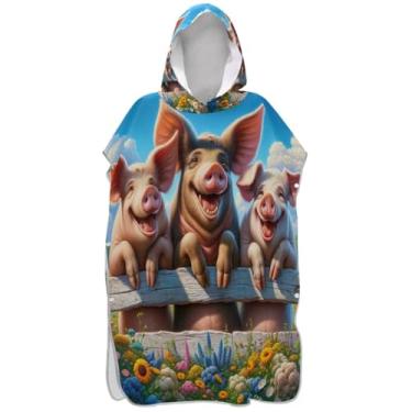 Imagem de Joisal Poncho de surf leve para adultos trocador de roupa de praia com capuz toalha de banho fofo porco animal adulto ponchos para mulheres