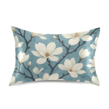 Imagem de Fronhas de cetim azul com flores de magnólia branca engraçada luxo refrescante padrão king queen fronha macia tamanho king 101,6 cm x 50,8 cm