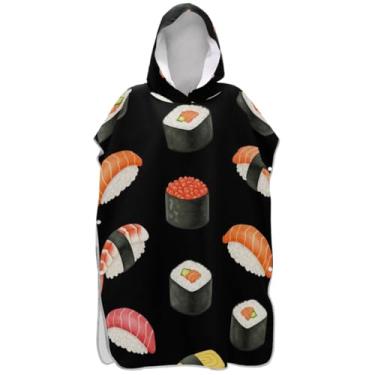 Imagem de Joisal Poncho de surf para adultos trocador com capuz toalha de natação bonito absorvente masculino feminino poncho com capuz sushi preto