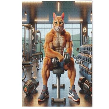 Imagem de Quebra-cabeça atlético Cat Cool Gym 1000 peças para adultos, presentes de quebra-cabeça de jogos de tecnologia, presentes para homens, arte floral de animais fofos criativos, 1000 peças, 75 x 50 cm
