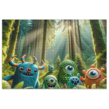 Imagem de Quebra-cabeça verde floresta monstros quadrinhos 500 peças para adultos paisagem floral inverno quebra-cabeças engraçados presentes de jogo de quebra-cabeça