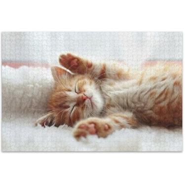 Imagem de Quebra-cabeça de gatinho fofo gato dormindo adultos 500 peças jogo de brinquedo arte paisagem quebra-cabeça divertido bobo, 20,5 x 14,9 polegadas