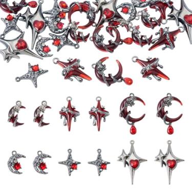 Imagem de Beadthoven 24 peças pingentes góticos de lua estrela vermelha liga de resina cruz pingentes vintage prata cinza metal pingente pingente com strass para pulseira faça você mesmo, colar, brincos, joias