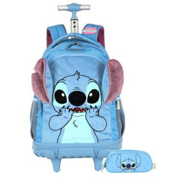 Imagem de Kit Lilo Stitch Mochila Costas Rodas +Estojo Triplo Pelúcia - Luxcel
