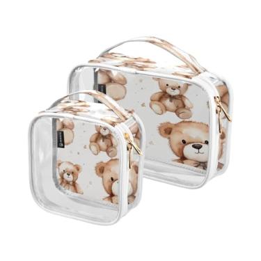 Imagem de GAIGEO Conjunto de 2 sacos de maquiagem transparentes com coruja decorativa na cor azul, sacos de maquiagem de plástico transparente com zíper para viagens, Ursinhos de pelúcia marrons e brancos-1