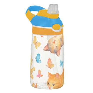 Imagem de Playful Kittens Garrafa de água colorida borboleta para crianças com canudo 473 ml Tritan 473 ml Garrafa de água esportiva à prova de vazamento, copo infantil reutilizável, portátil, alça de