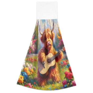 Imagem de Joitme Lindas toalhas de mão de vaca Highland floral primavera com laço para pendurar toalhas de chá de forno ultra absorventes conjunto de 2, toalhas de cozinha decorativas 18,2 x 14 polegadas