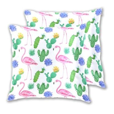 Imagem de Joitme Conjunto de 2 capas de almofadas brancas de cacto flamingos rosa com 2 capas de travesseiro grandes para ambientes externos, decoração de sofá, sofá, quarto, 50 x 50 cm, 2 peças