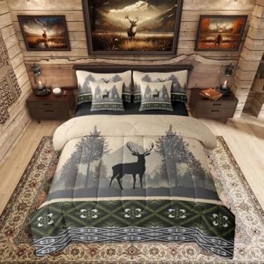 Imagem de Erosebridal Conjunto de edredom Queen com estampa de veado caçador, vintage, verde escuro, preto, geométrico, tribal, exótico, animais selvagens, silhueta de animais selvagens, 7 peças