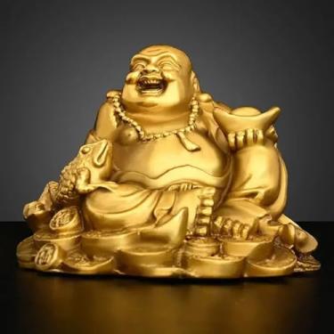 Imagem de FENNYYAR Ornamento de cobre Maitreya estátua de Buda Yuanbao, 9 cm 8,9 cm, escultura de escritório em casa, carro, sala de estar, quarto