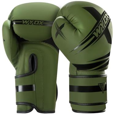 Imagem de Luvas de Boxe WYOX ǀ Treino Profissional e Sparring ǀ Couro Maya Hide ǀ Muay Thai, MMA, Kickboxing ǀ Palma Ventilada ǀ Almofadado Multicamadas para Adultos (Exército Verde, 14 onças)