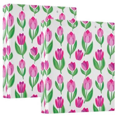 Imagem de Fichários de 3 anéis com 3 anéis de tulipas rosas vibrantes e folhas verdes, comporta 200 folhas, portfólio fofo, anel redondo, fichário de receitas, 31,5 x 27 x 6 cm, pacote com 2