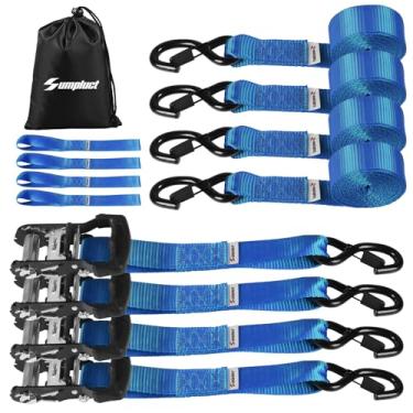 Imagem de Ratchat Correias resistentes com ganchos S travas de segurança pacote com 4 4400lb1,5 por 15' tiras de carga de amarração para motocicletas, quadriciclos, jet skis, carrinhos de golfe, madeira,