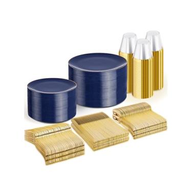 Imagem de WDF 300 peças de pratos azuis marinhos descartáveis - pratos de plástico azul 50 convidados conjuntos de louça de plástico resistente para festa/casamento/aniversário