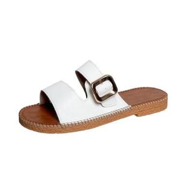 Imagem de Sandália feminina casual boêmia de salto baixo com bico redondo para uso diário, confortável e elegante, Branco, 39