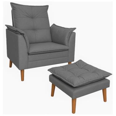 Imagem de Conjunto Poltrona Retrô + Puff com Pés Palito - Veludo Bege-Cinza, Estrutura em Madeira de Eucalipto, para Sala(Cinza)