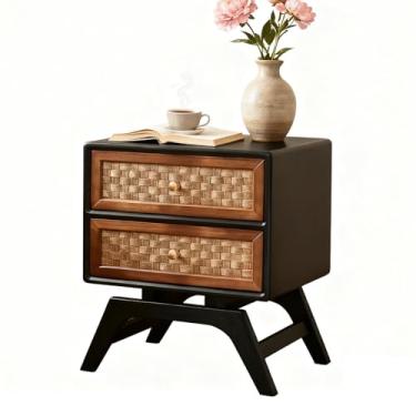 Imagem de Mesa de cabeceira de madeira maciça, mesa de canto de madeira com 2 gavetas, mesa lateral de cama vintage de meados do século com armazenamento, cômoda pequena para quarto, sala de estar (tamanho: 50