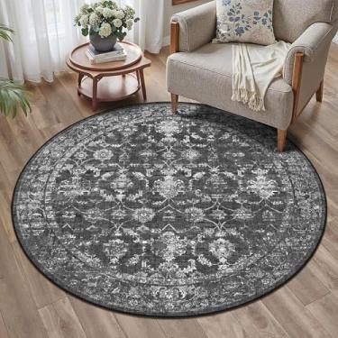 Imagem de Tapetes redondos laváveis de 1,2 m para sala de estar, vintage boho grande para quarto, sala de jantar, escritório, tapete com estampa floral envelhecida para embaixo da mesa, tapete macio