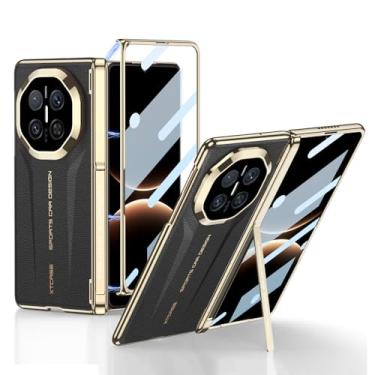 Imagem de HAOMRIYL Capa de couro para Huawei Mate X7, capa frontal transparente com suporte ajustável, dobradiça à prova de choque com tudo incluído, capa galvanizada, preta, Mate X7