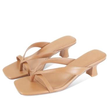 Imagem de MICIFA Sandálias femininas de salto baixo com salto baixo, salto mula, arredondado, bico aberto, casual, sandálias femininas, Marrom, 6.5