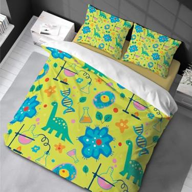 Imagem de Jogo de cama com estampa de desenho animado e plantas de flores de dinossauro colorido para meninos e meninas 220 x 240 cm -80 x 80 cm * 2