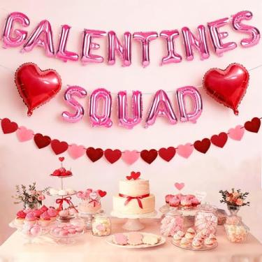 Imagem de Conjunto de decorações de Dia de Galentinas, inclui balões rosa de 40 cm com letras do esquadrão Galentines, balões vermelhos de coração de amor, faixa de guirlanda de coração de feltro, decoração do