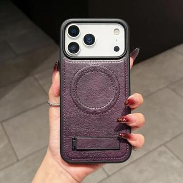 Imagem de SFDSUH Capa de couro PU com suporte, carregamento sem fio magnético e proteção contra impactos para iPhone 16 Pro (Para iPhone 16 Pro/Roxo escuro)
