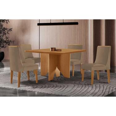 Imagem de Sala Jantar Mesa Nevada Tampo Curvo 90cm+4 Cadeiras Dakota Madeira Naturale - Capuccino/Suede Capuccino - Rufato