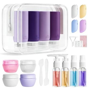 Imagem de Muslish Pacote com 21 frascos de viagem para artigos de higiene pessoal, recipientes de silicone à prova de vazamento de tamanho de viagem para xampu e condicionador, sem BPA com bolsa de higiene