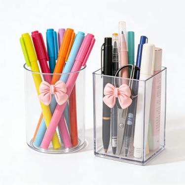 Imagem de MWRDSM Pacote com 2 porta-lápis de acrílico para mesa, organizador de lápis transparente com laço, suporte de pincel de maquiagem, copo de mesa, organizador de papelaria para escritório, escola