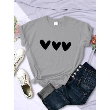 Imagem de Camisetas Femininas Pretas Com Estampa De Coração Manga Curta Casual R