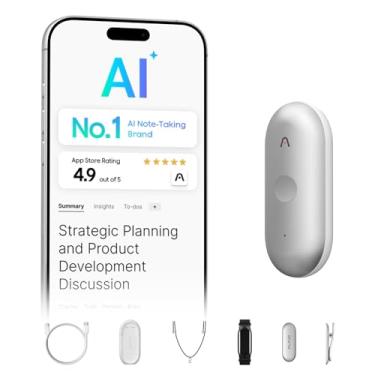 Imagem de Gravador de voz com IA, gravador de voz PLAUD NotePin, controle de aplicativo, anotador com IA, transcrição e resumo com IA, suporte para 112 idiomas, memória de 64 GB, gravador de áudio, prata